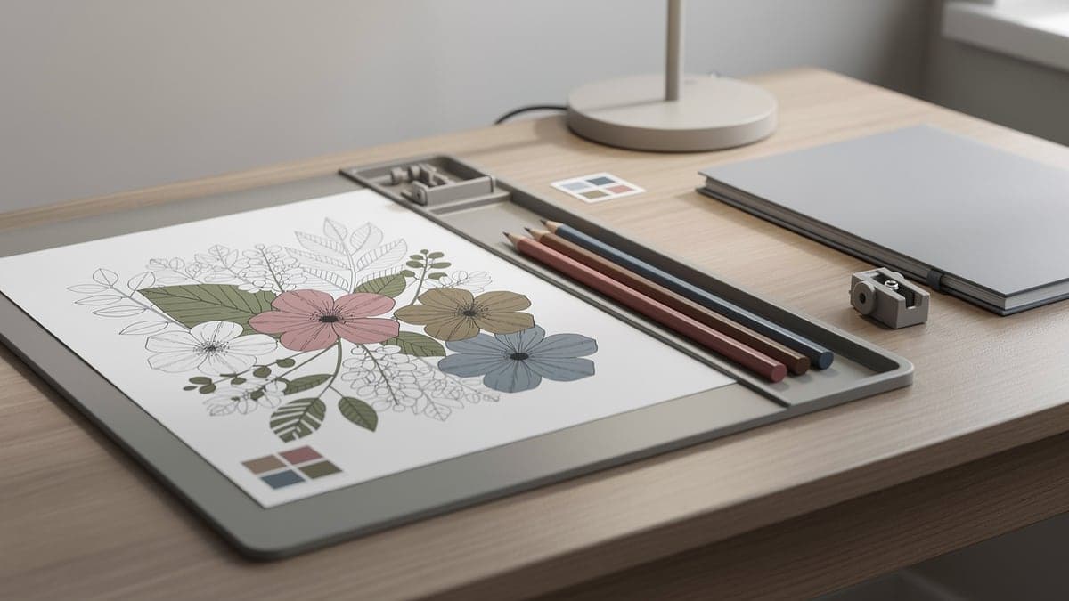 Compact coloring desk with a partially colored botanical page, small plain pencil palette, swatches, task light, backing board, and folder