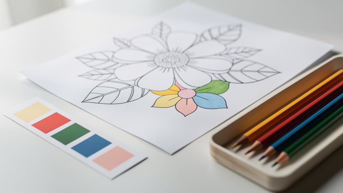 Partially colored flower page beside five unlabeled palette swatches and five matching plain colored pencils