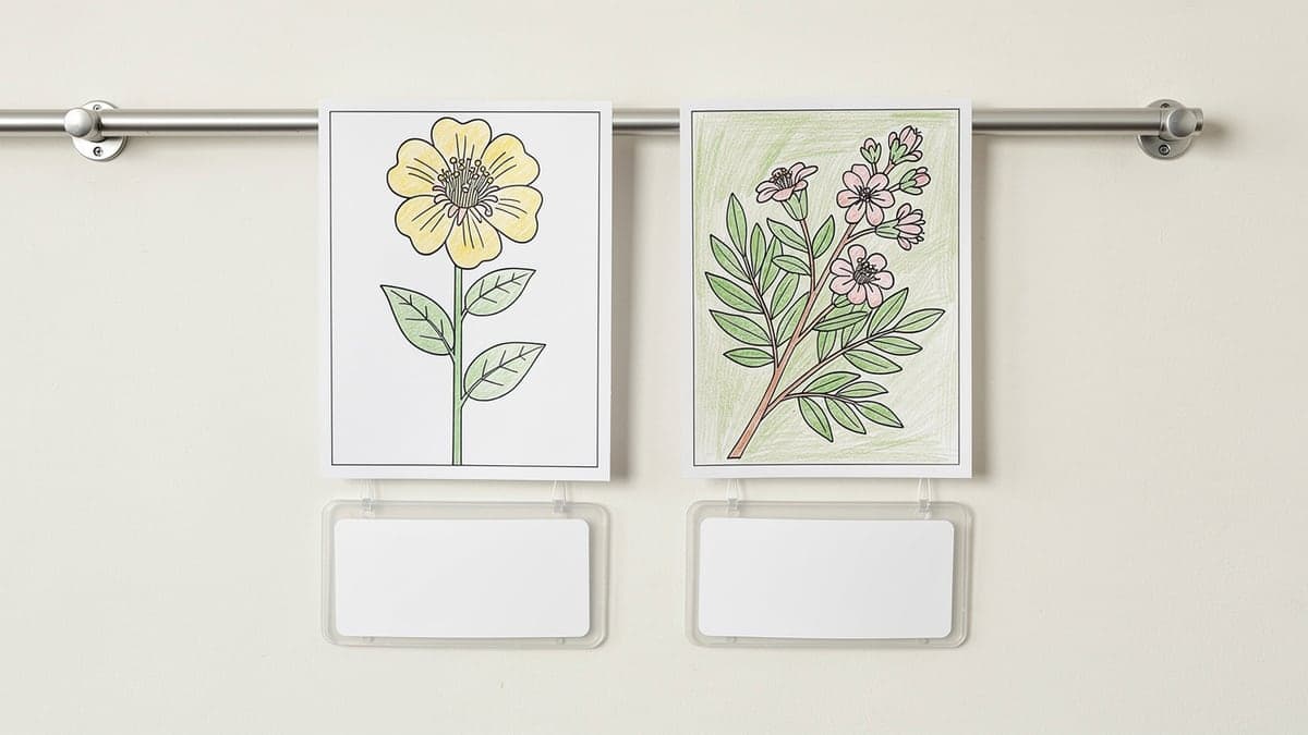 Two finished botanical coloring pages on a classroom display rail with one blank label holder beneath each page