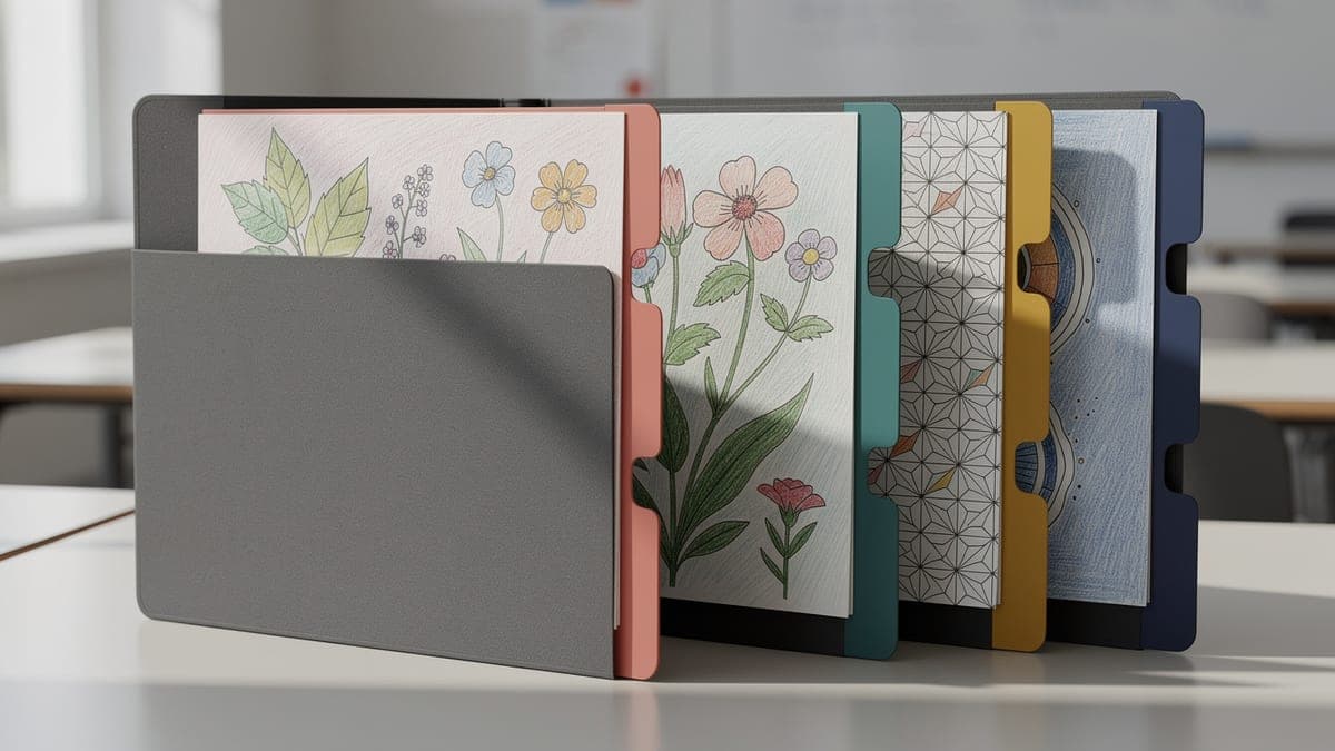 Open gray portfolio folder with four blank colored divider tabs and finished botanical and geometric coloring pages