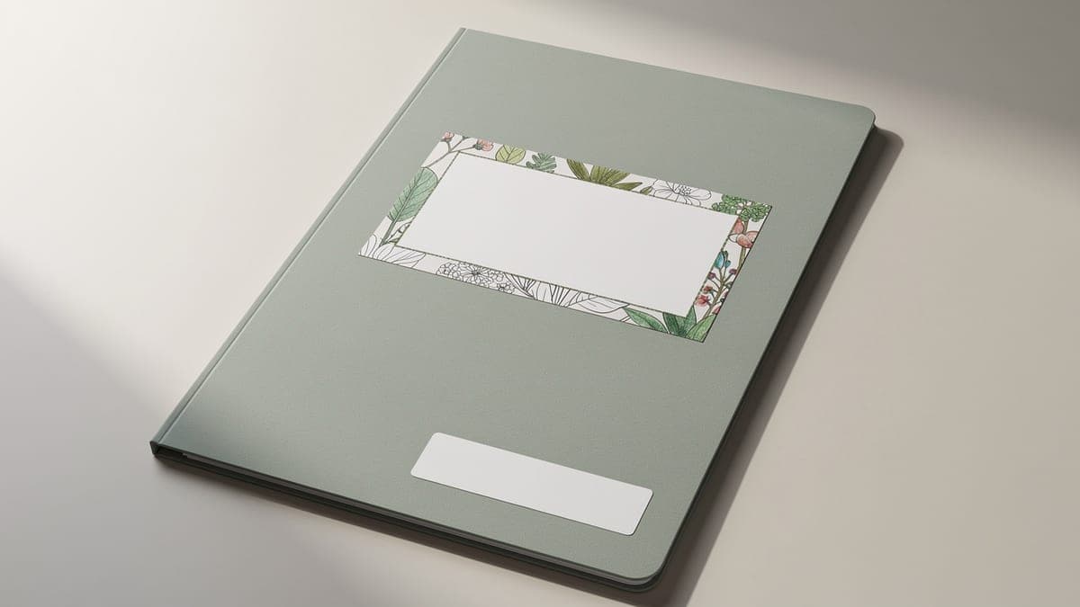 Sage-gray portfolio folder with a large blank botanical-border cover label and small blank date strip