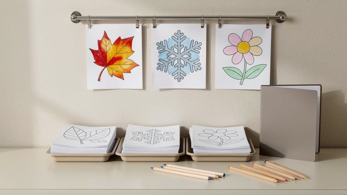 Finished autumn leaf, winter snowflake, and spring flower pages on a display rail above three matching line-art stacks and a plain next-rotation folder