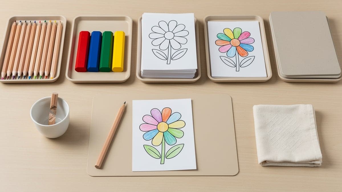Classroom table reset with separate trays for pencils, wax sticks, spare flower pages, finished pages, backing boards, a broken-pencil cup, and cloth