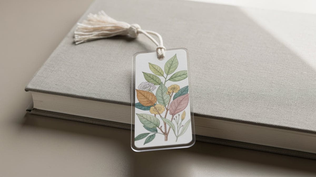 Laminated hand-colored botanical bookmark with one centered hole and cotton tassel resting against an unmarked linen book