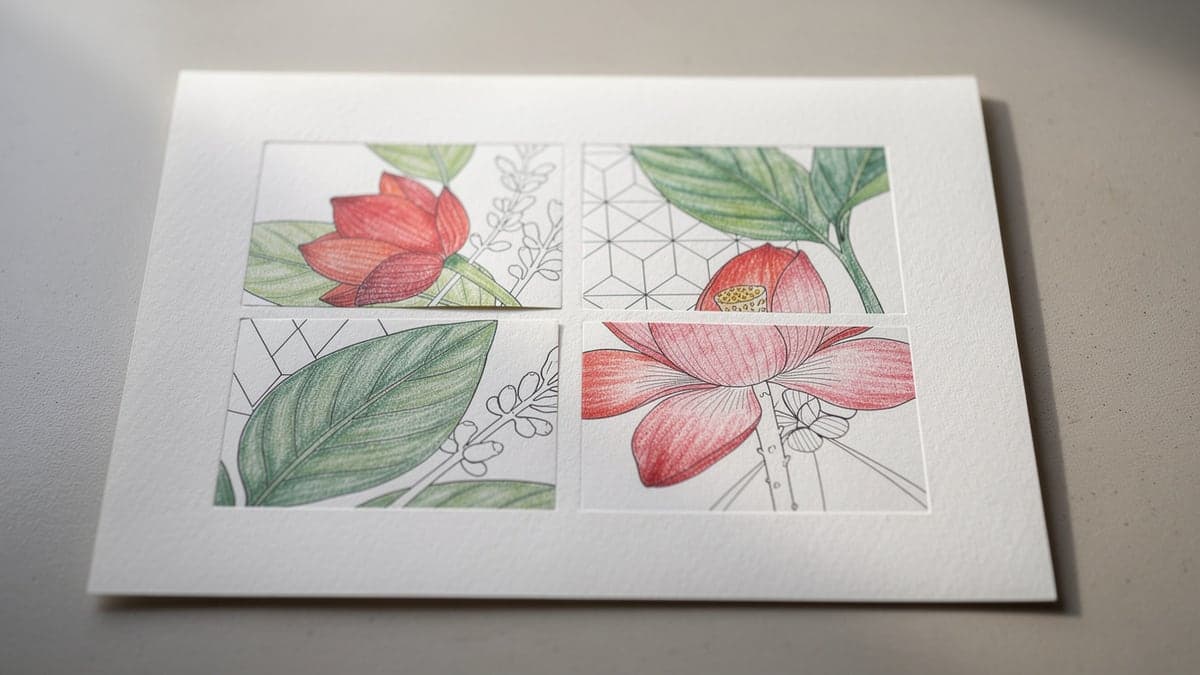 Four precisely cut hand-colored botanical fragments mounted in a balanced grid on heavyweight white paper