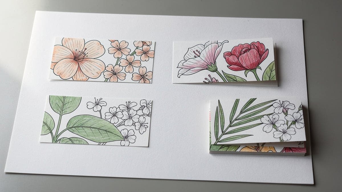 Four hand-colored botanical fragments dry-fitted on white backing paper beside a tidy stack of unused pieces