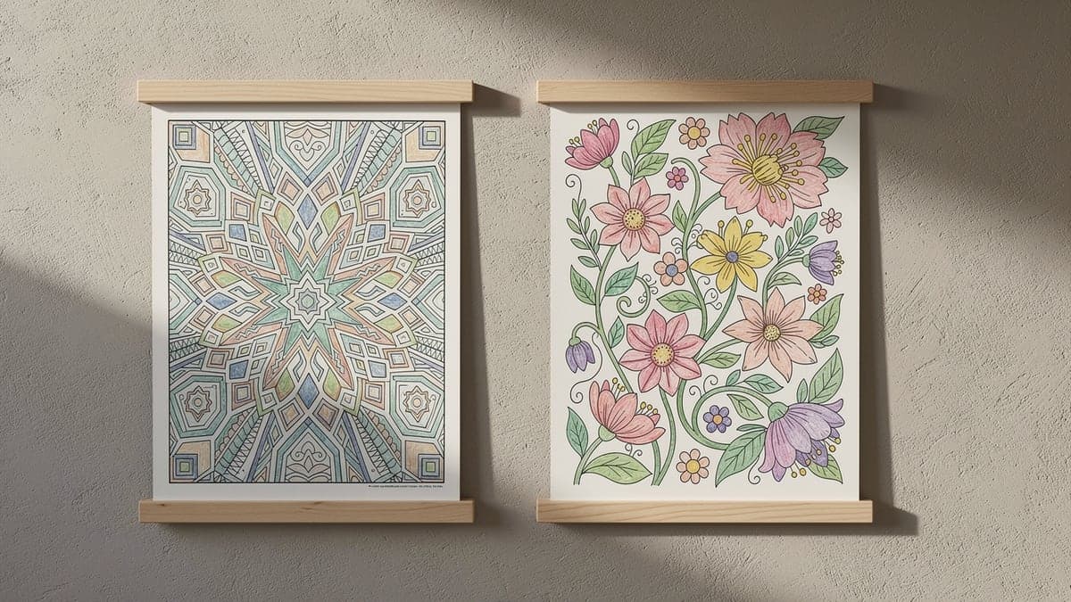 Two finished hand-colored geometric and floral pages hanging side by side in natural-wood poster rails