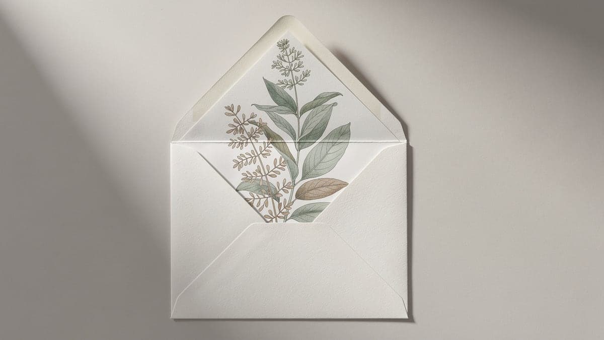 Open cream envelope with a hand-colored botanical liner following the flap and continuing neatly into the empty pocket