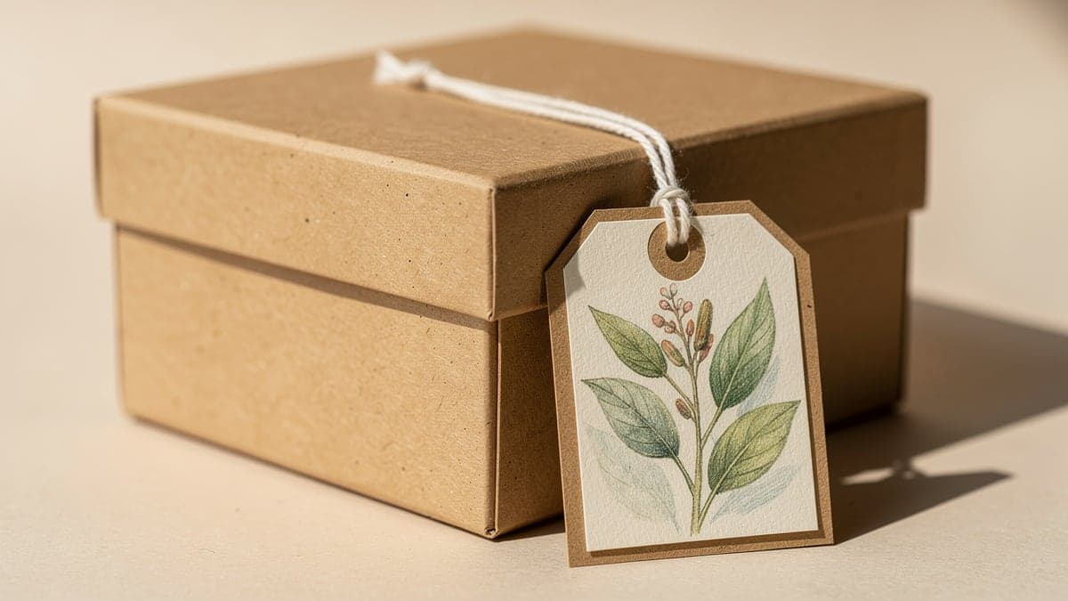 Cardstock-backed hand-colored botanical gift tag tied through one reinforced hole to a plain kraft keepsake box