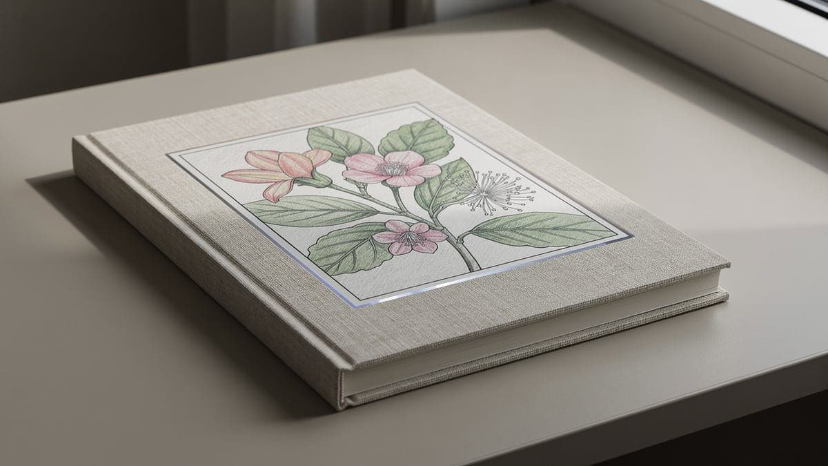 Closed linen journal with a hand-colored botanical panel mounted evenly on the front cover and clear of the spine