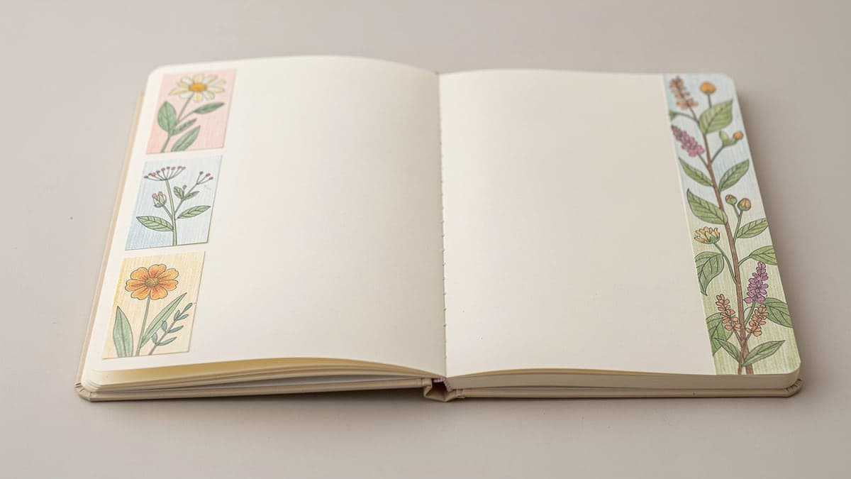 Open blank journal with three small hand-colored botanical fragments at the left edge and one matching strip at the right edge