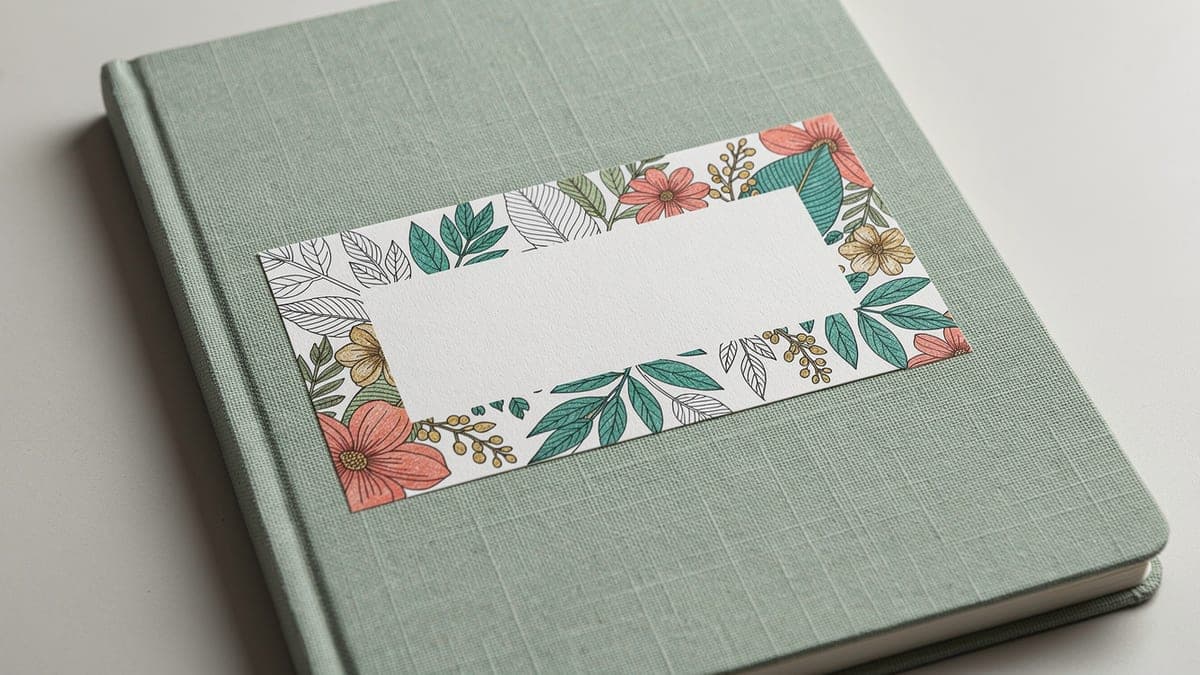 Sage linen notebook with a blank botanical coloring-page scrap label on its cover