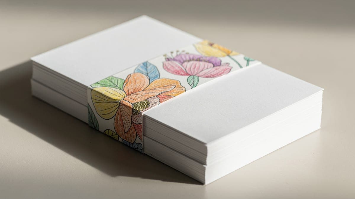 Stack of blank note cards held by a removable hand-colored floral coloring-page belly band