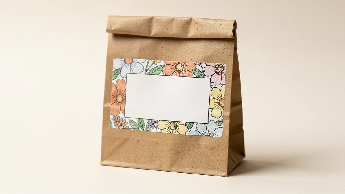 Kraft paper favor bag with a blank writing panel framed by hand-colored floral coloring-page scraps