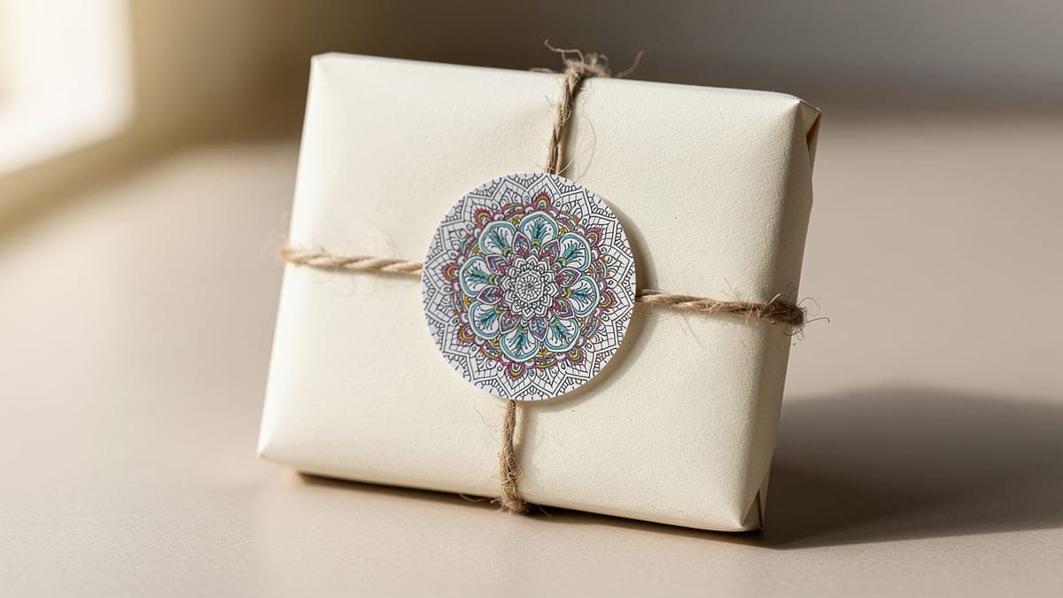 Ivory wrapped parcel tied with twine and secured by a circular hand-colored mandala scrap seal