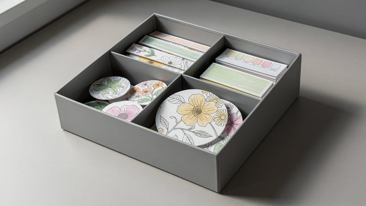Gray four-compartment organizer holding hand-colored botanical strips, circles, rectangles, and color-test scraps