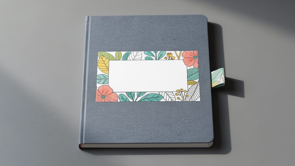 Slate-blue linen notebook with a blank botanical scrap-border label and matching edge tab