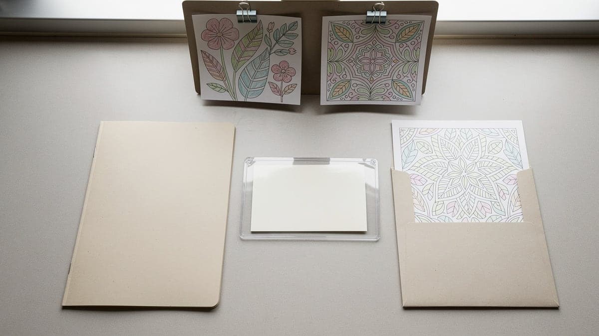Two anonymous finished pages on a small display board above a blank permission card, closed record folder, and take-home folder