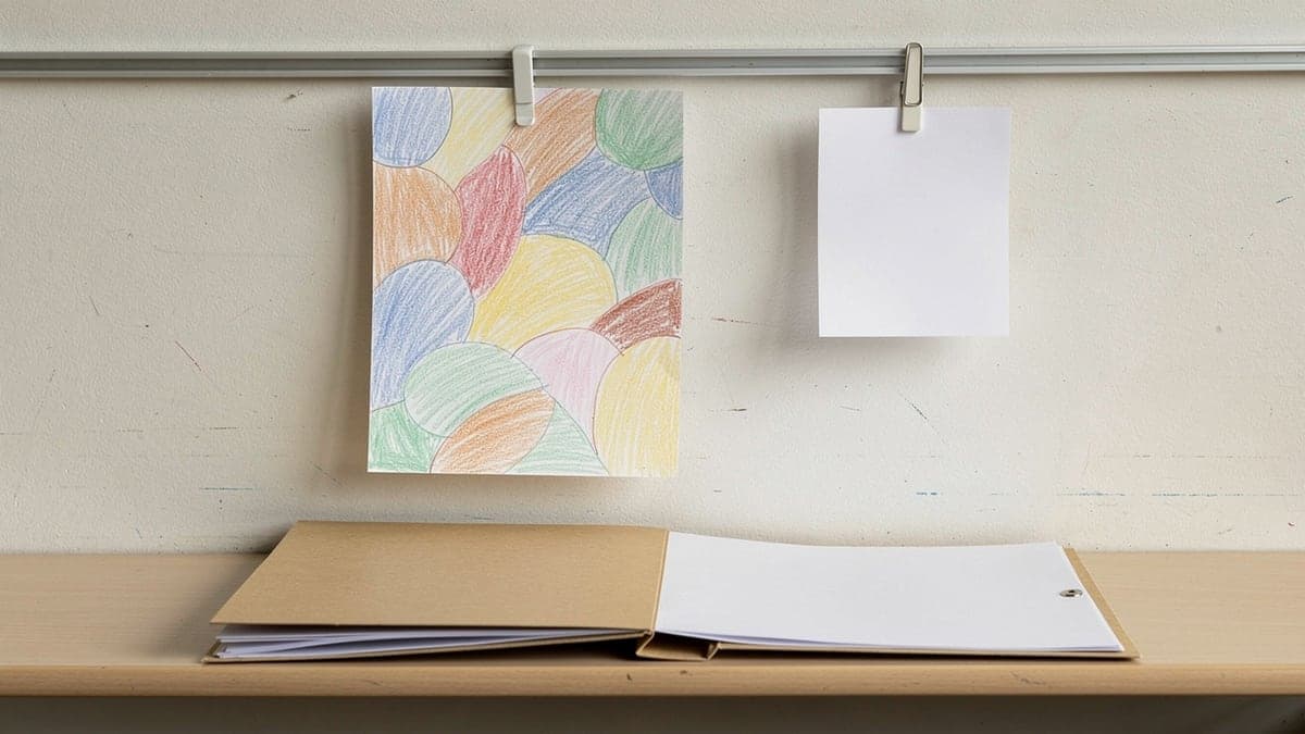 Finished abstract page on a classroom display rail with one blank return slip and an open receiving folder below