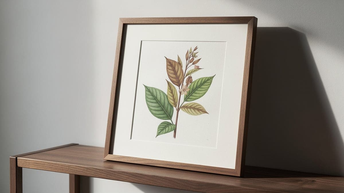 Hand-colored botanical page cleanly matted in a walnut tabletop frame with even margins