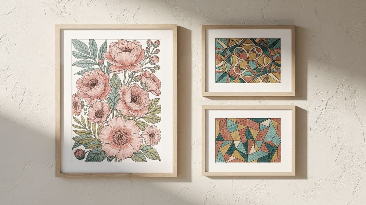 One large floral and two smaller geometric finished pages arranged in matching natural-wood frames on a gallery wall