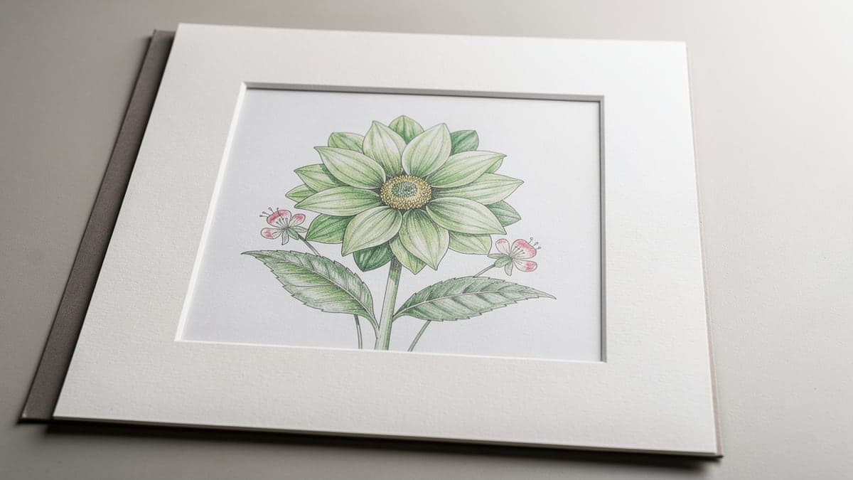 Hand-colored botanical page centered behind an off-white window mat with a flat backing board aligned underneath