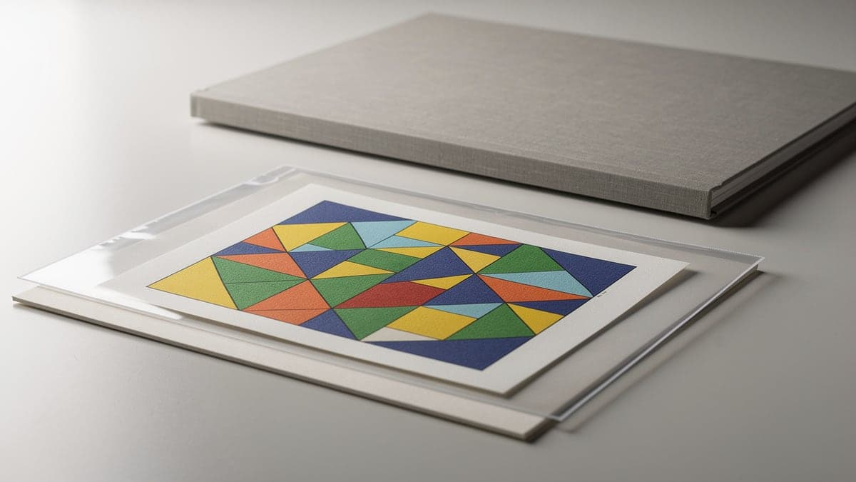 Finished geometric coloring page protected inside a clear archival sleeve on a backing board beside a closed portfolio