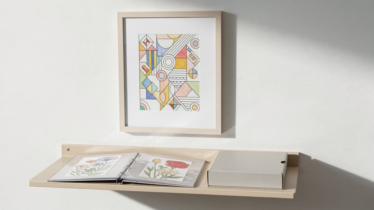 Framed current geometric page above an open portfolio with two finished pages and a closed archive box