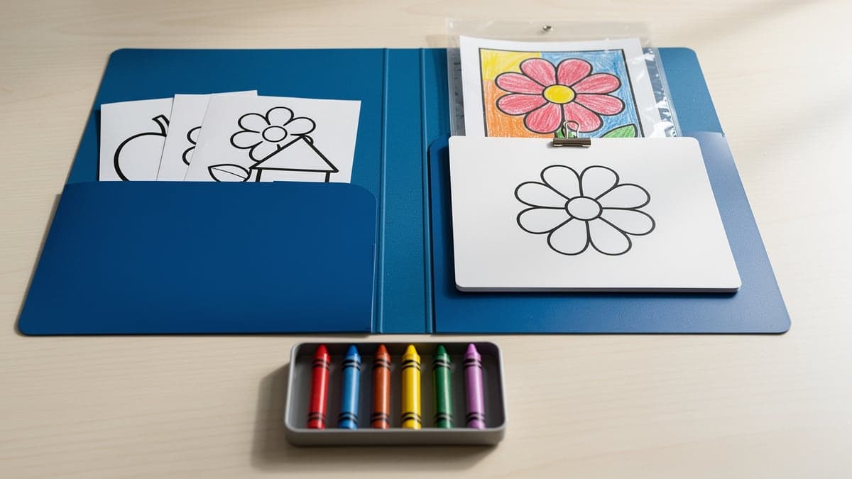 Open blue pocket folder with simple line-art pages, active flower page, protected finished favorite, backing board, and six contained crayons