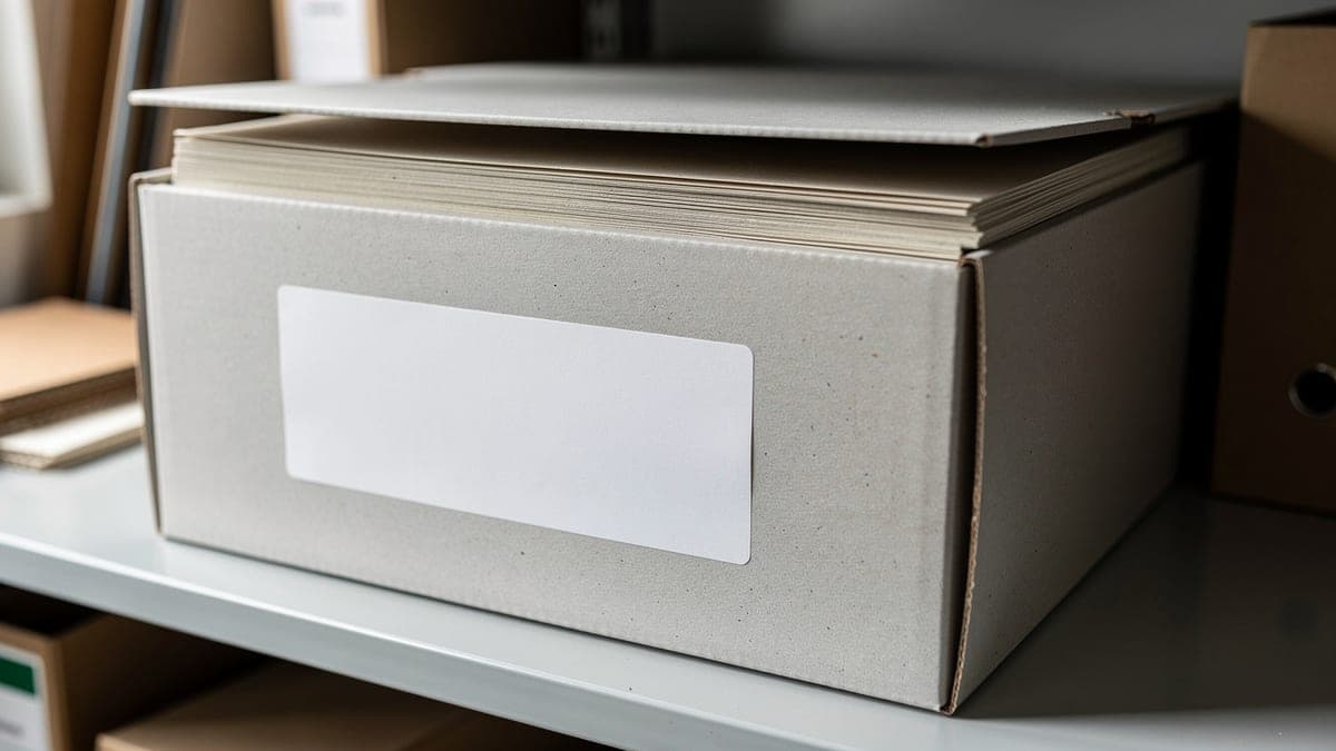 Open gray archive box filled with flat paper and a large blank front label