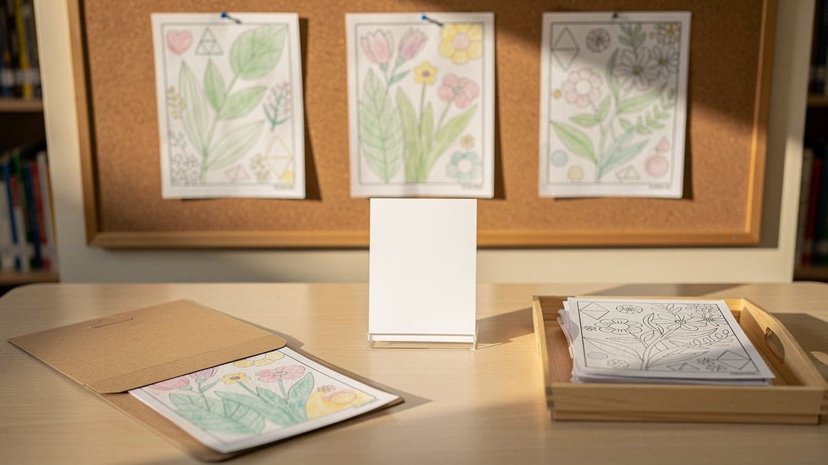 Three finished botanical pages on a library display board beside a blank sign card, line-art pickup tray, and return folder