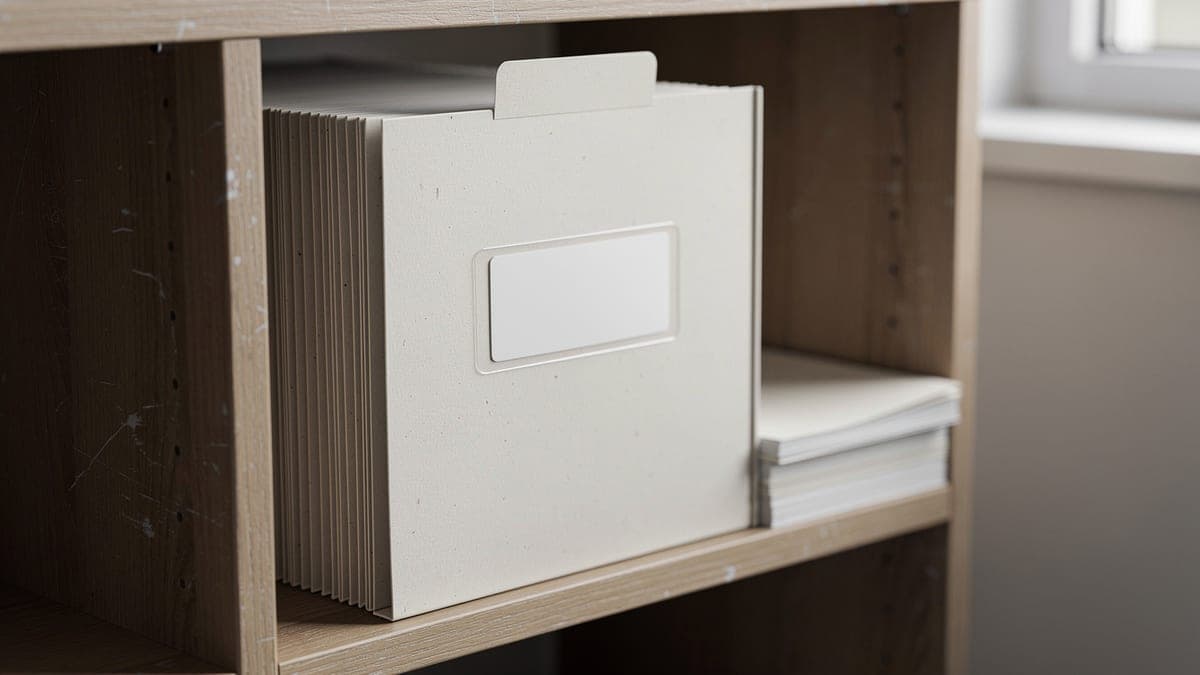 Accordion pickup folder on a library shelf with a blank top tab and front label