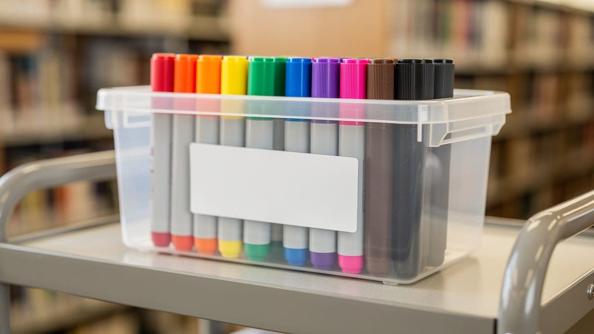 Clear library activity bin filled with unbranded capped markers and a blank front label