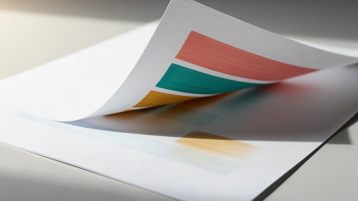 Curled marker test page revealing coral, teal, and ochre transfer marks on the clean backing sheet underneath