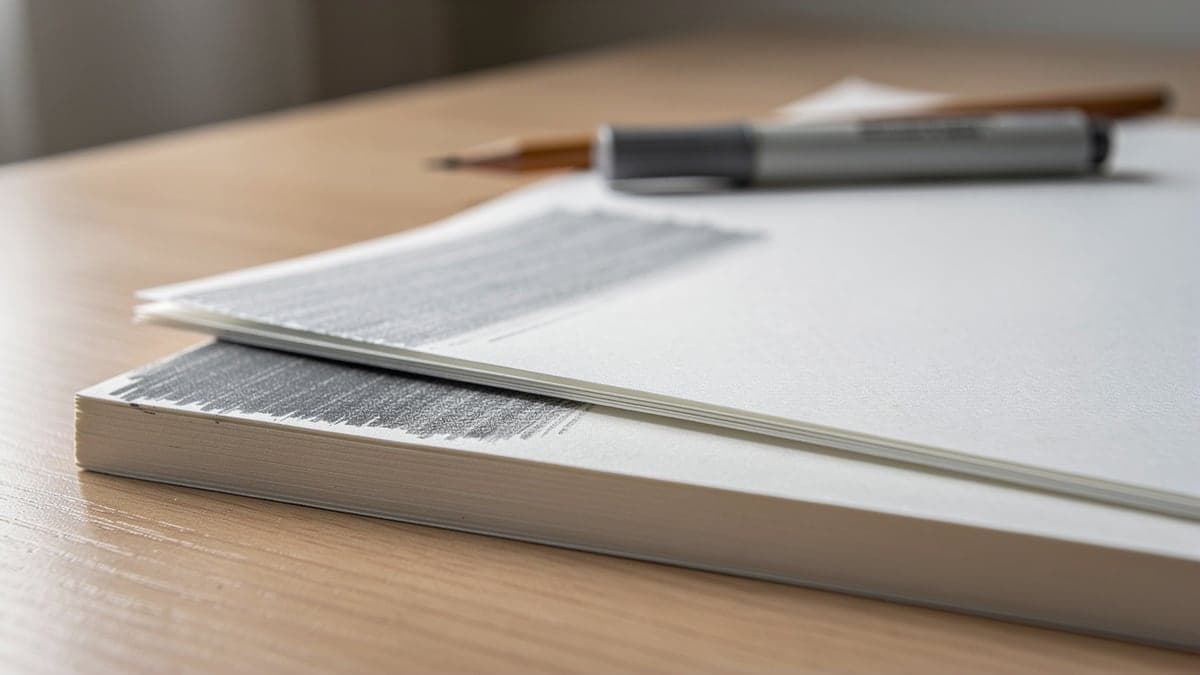 Tight side profile comparing a thin paper sample and a thicker paper stack with dry graphite test marks