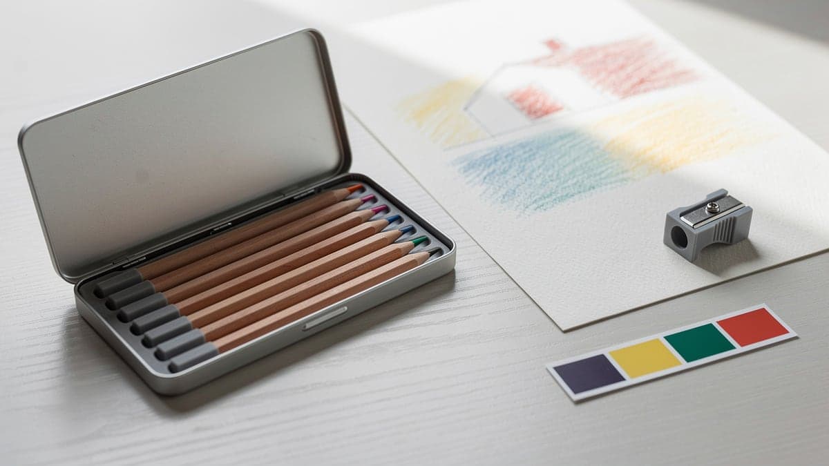 Open single-layer pencil tin beside a current coloring page, four-color swatch strip, and contained sharpener