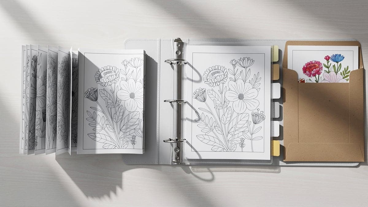 Open binder and accordion folder separating untested botanical pages, a protected master, blank divider tabs, and a finished page in a flat envelope
