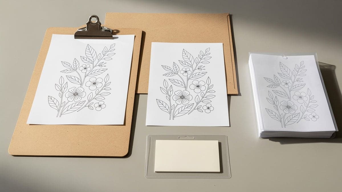 Records station with clipped botanical source page, identical duplicate, blank card in a separate sleeve, closed kraft folder, and clean packet sleeve