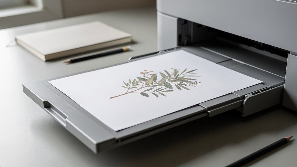 Home printer output tray holding one clean botanical test page with wide intact margins