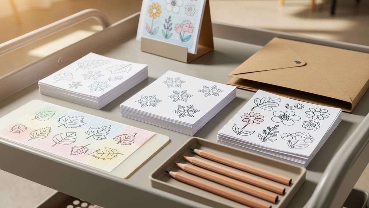 Autumn leaf, winter snowflake, and spring flower page stacks with one colored test, one display copy, a plain folder, and unmarked pencils