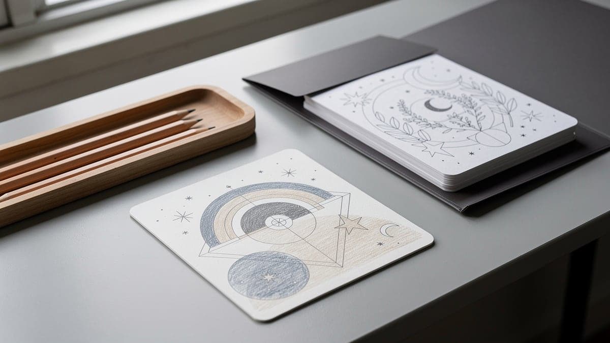 Mature desk corner with one partially colored geometric celestial card, compact plain pencil set, and remaining celestial cards in a charcoal folder