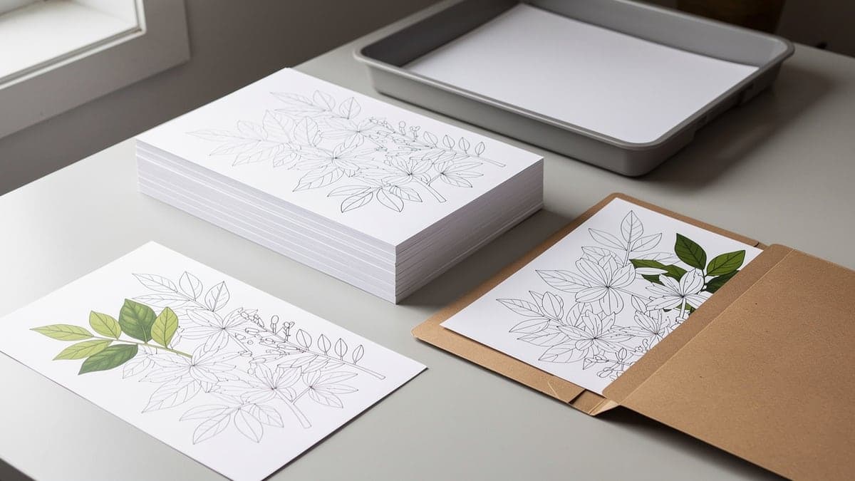 One lightly colored botanical test, a short aligned uncolored batch, one face-down reject in a tray, and one keeper in a plain folder