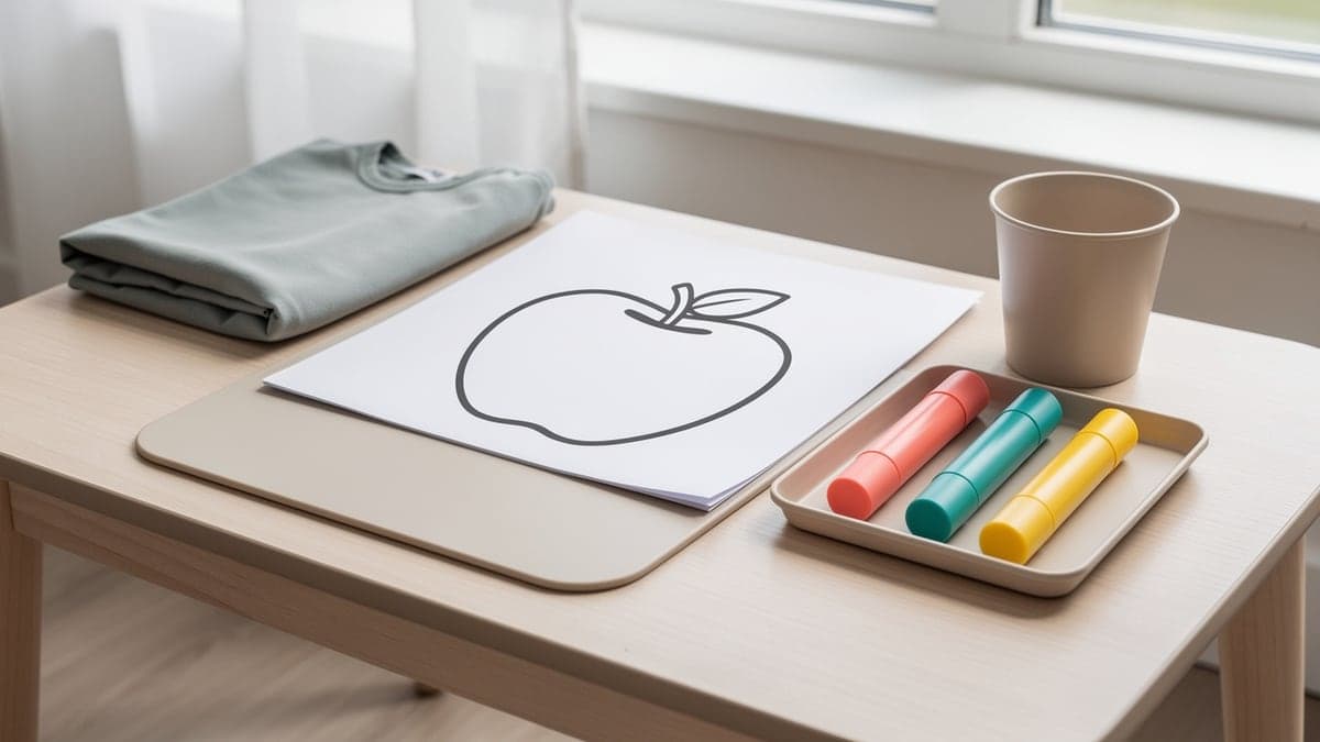 Child-scale table with one bold apple page, three fully capped broad markers, a wipeable mat, folded smock, and empty reset cup