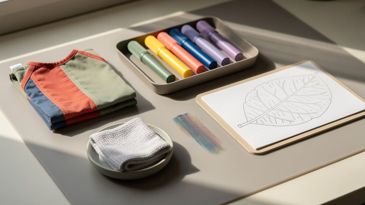 Reset washable-marker station with six fully capped markers in a tray, folded smock, leaf page, contained cloth, and one wiped streak