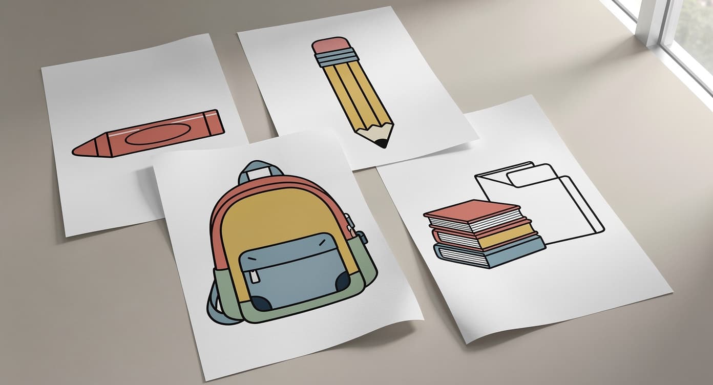 School supplies printable pages with bold crayon, pencil, backpack, books, and folder illustrations