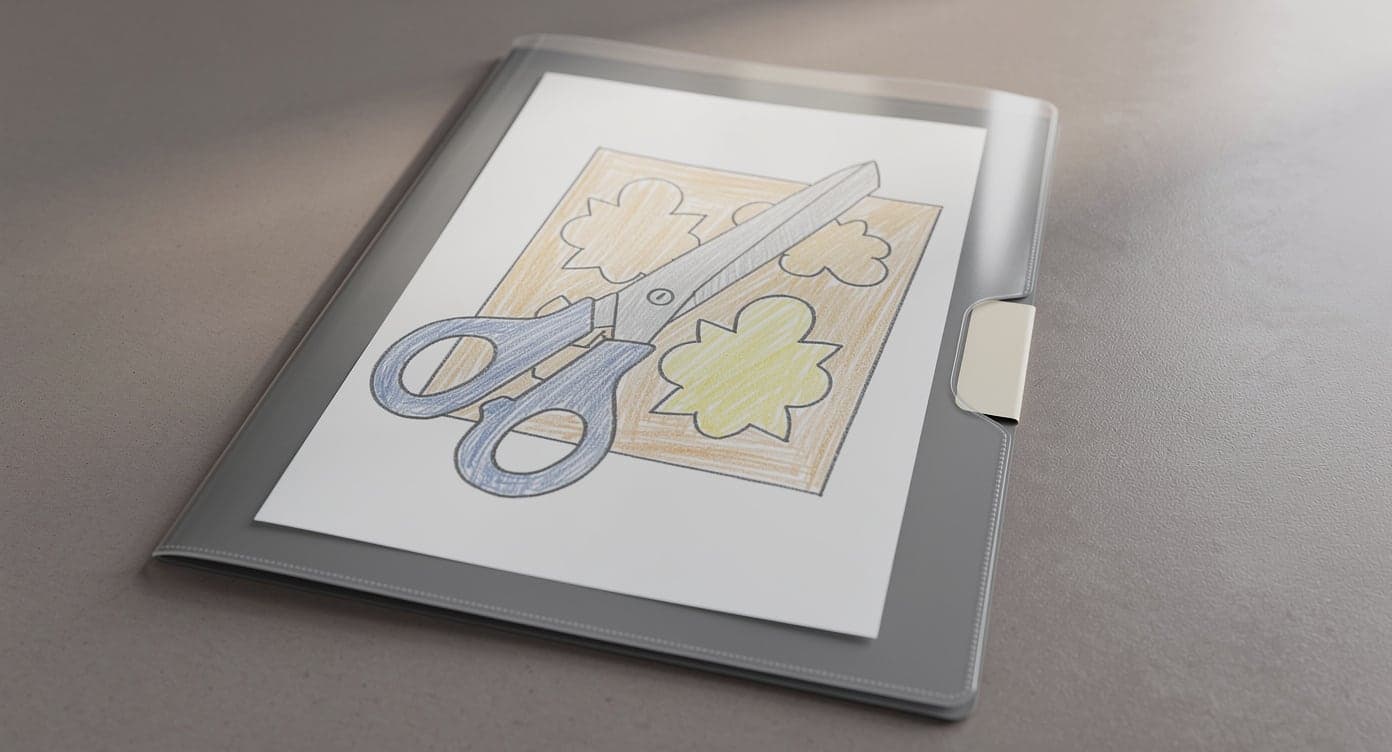 Crayon-colored scissors-and-paper printable placed inside the clear front sleeve of a plain gray folder