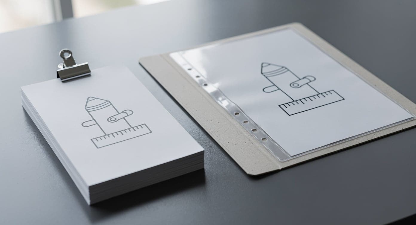 Generic pencil-and-ruler sample page in a clear sheet protector beside a clipped stack of duplicate copies