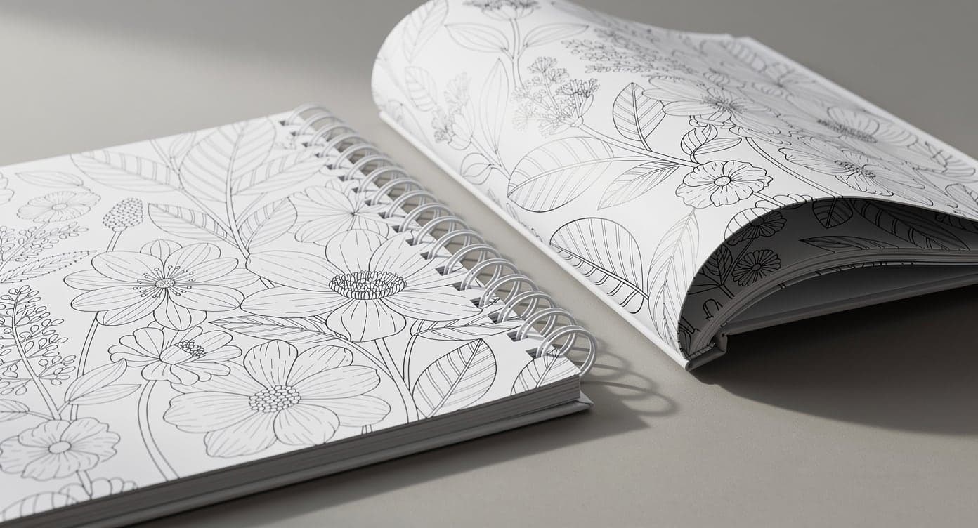 Open spiral-bound flower coloring book lying flat beside a bound book with a visibly raised center gutter