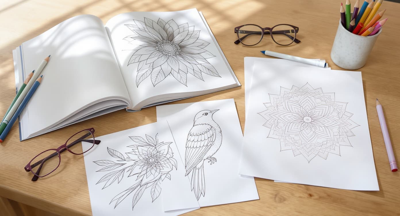 Senior-friendly adult coloring book setup with flower, bird, and mandala pages, reading glasses, and colored pencils