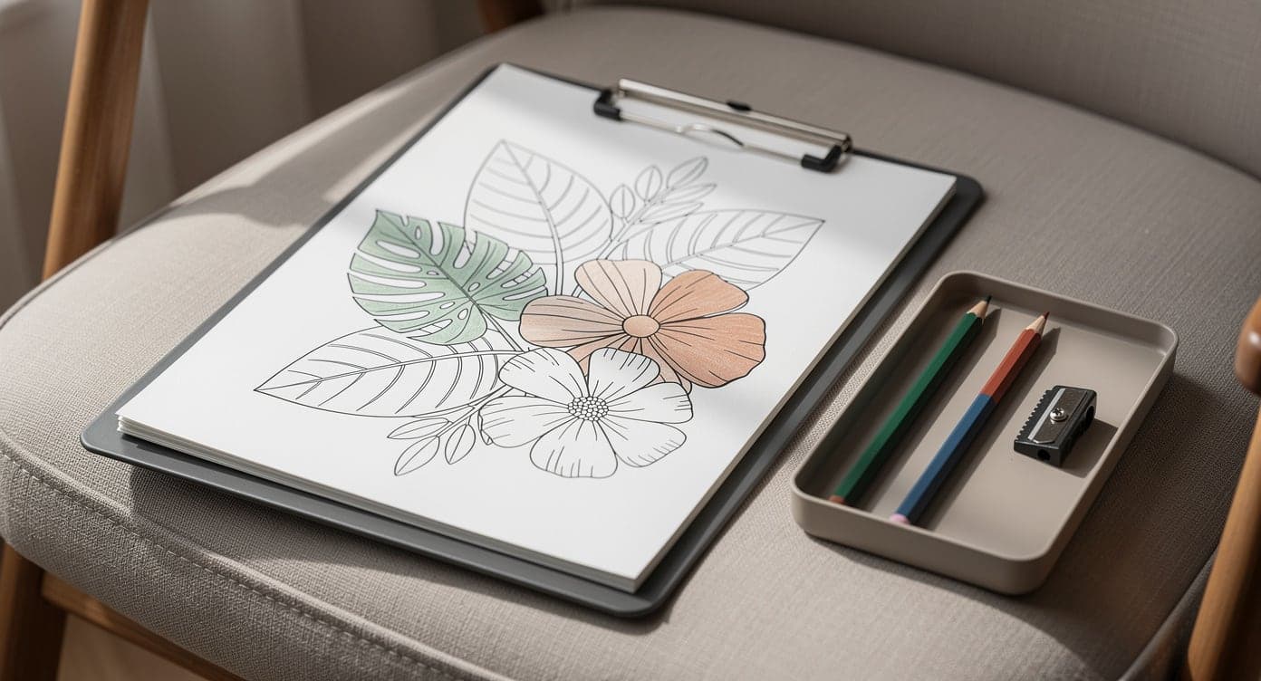 Bold botanical page on a clipboard over a cushioned chair beside a small tray of colored pencils and a sharpener